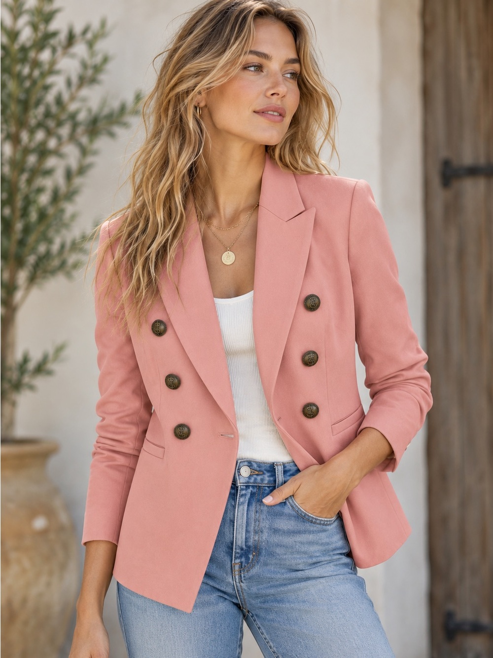 Boden Addlestone Blazer Womens Size 4 Pink Double Breasted Crest Buttons Cotton